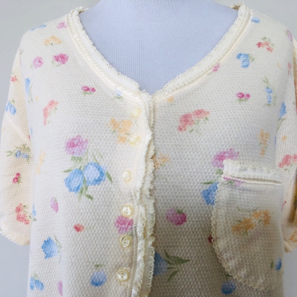 Night Shirt Yellow Floral Large Pullover Short Sleeves V Neck - Picture 2 of 7